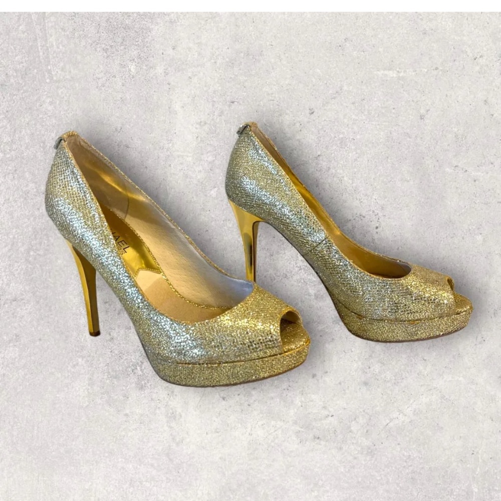 MICHAEL KORS York PLATFORM Peep Toe Pump GOLD GLITTER Stiletto Heel WOMENS Sz 6
